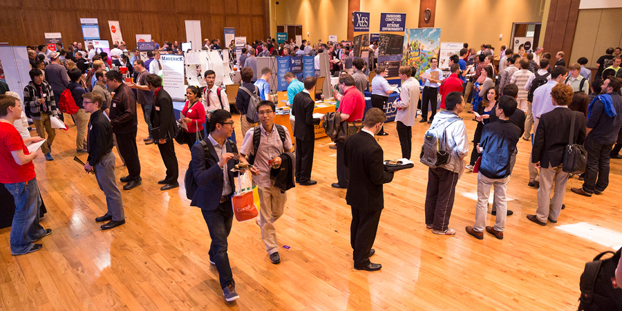 Students and employers are pictured at the Madison Area Computer Sciences Job Fair, hosted by the department of Computer Sciences at UW–Madison.