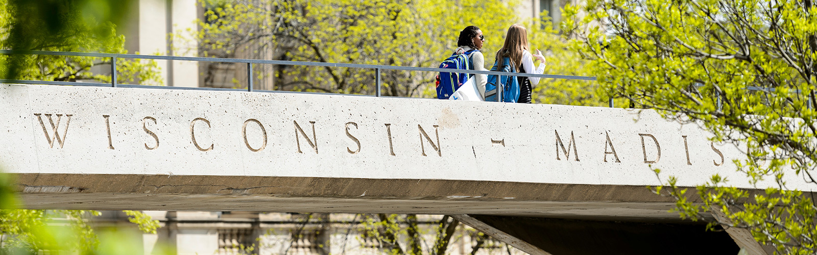 Students walk across the North Park Street pedestrian bridge that links Bascom Hill and the Mosse Humanities Building.