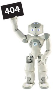 A robot holding a card which reads "404".